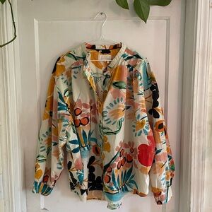 Anthropologie Red and Orange Blouse with Artistic Floral Design